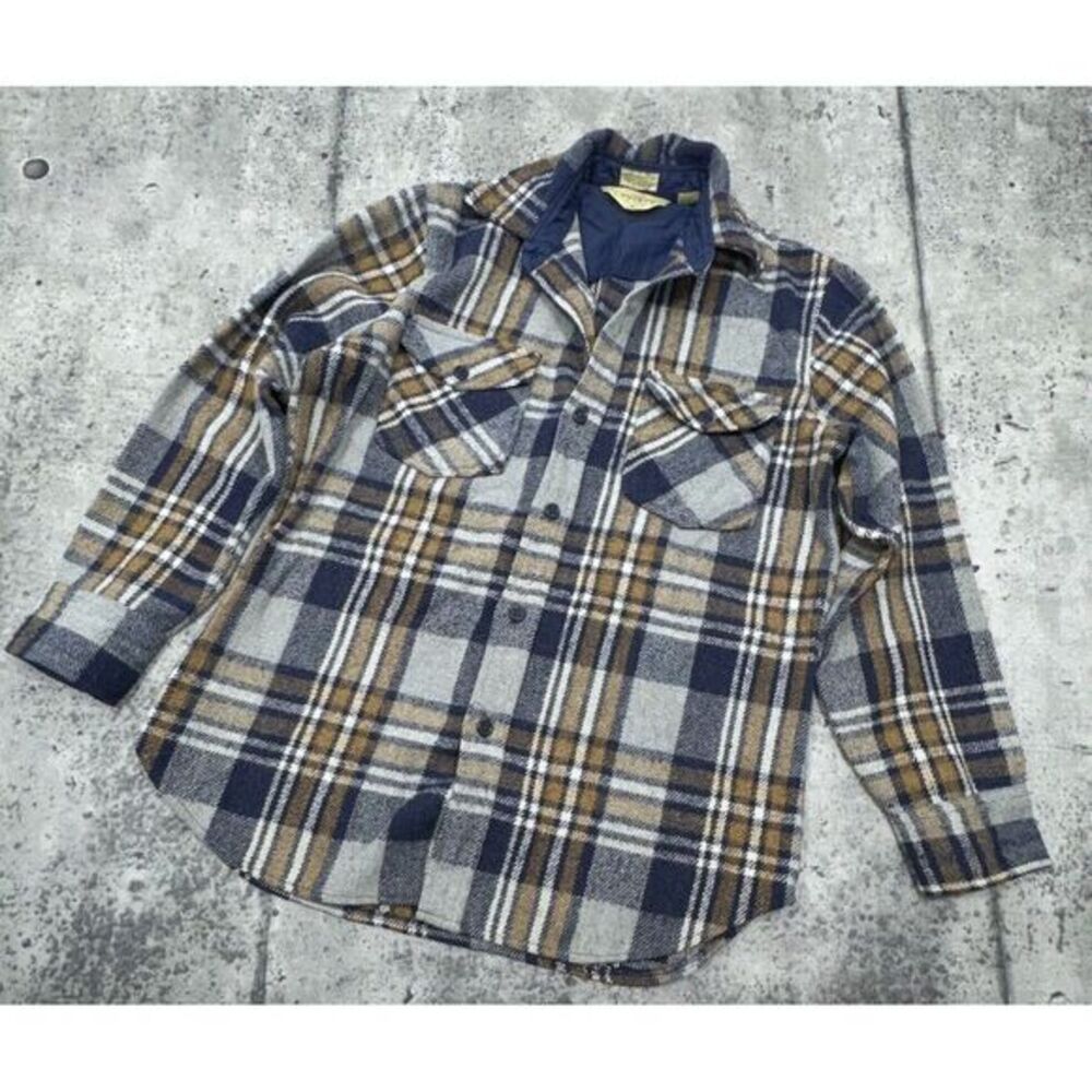 Vintage 1960's Gimbels Plaid Button-Up Flannel Shirt Jacket Tartan - Size M READ